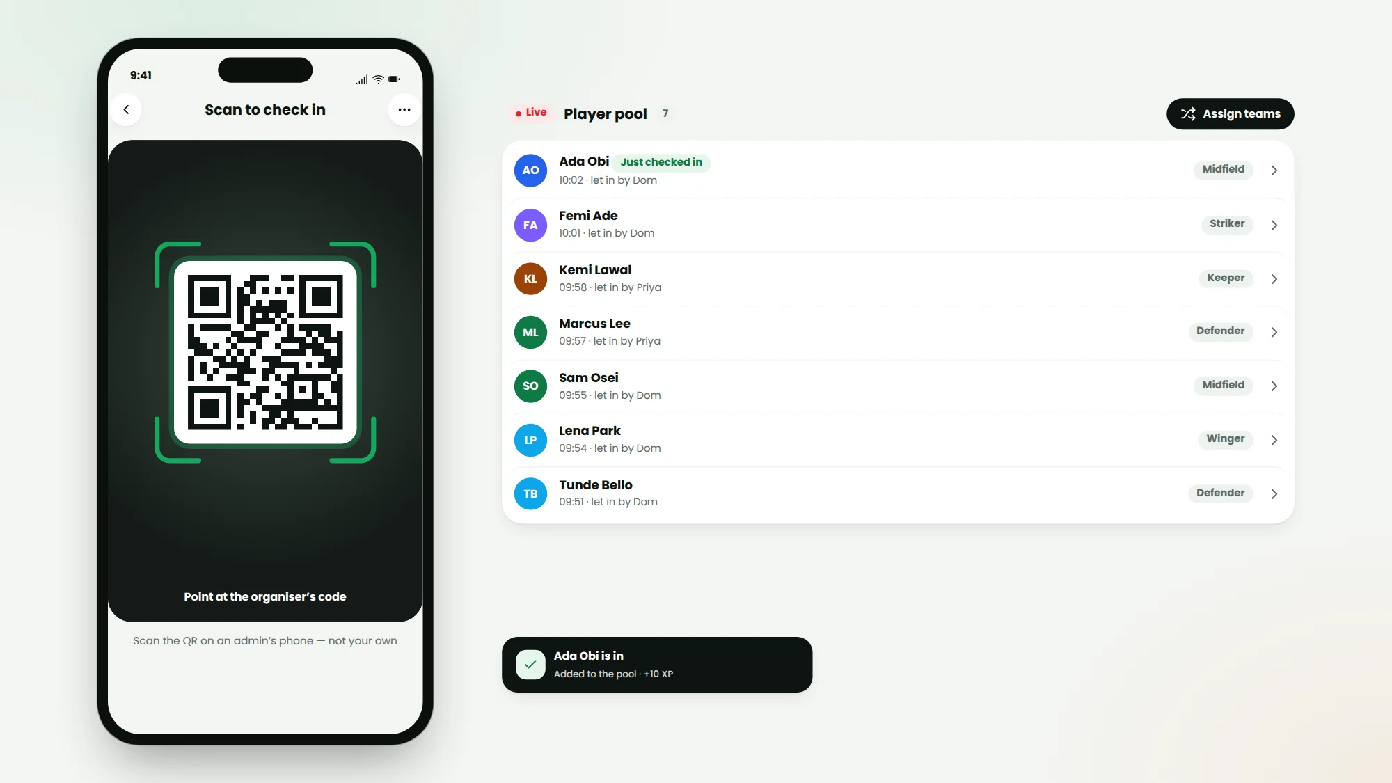 Player scanning event QR, appearing in the live pool