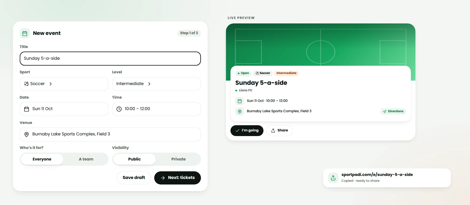 Create-event form next to the generated event page