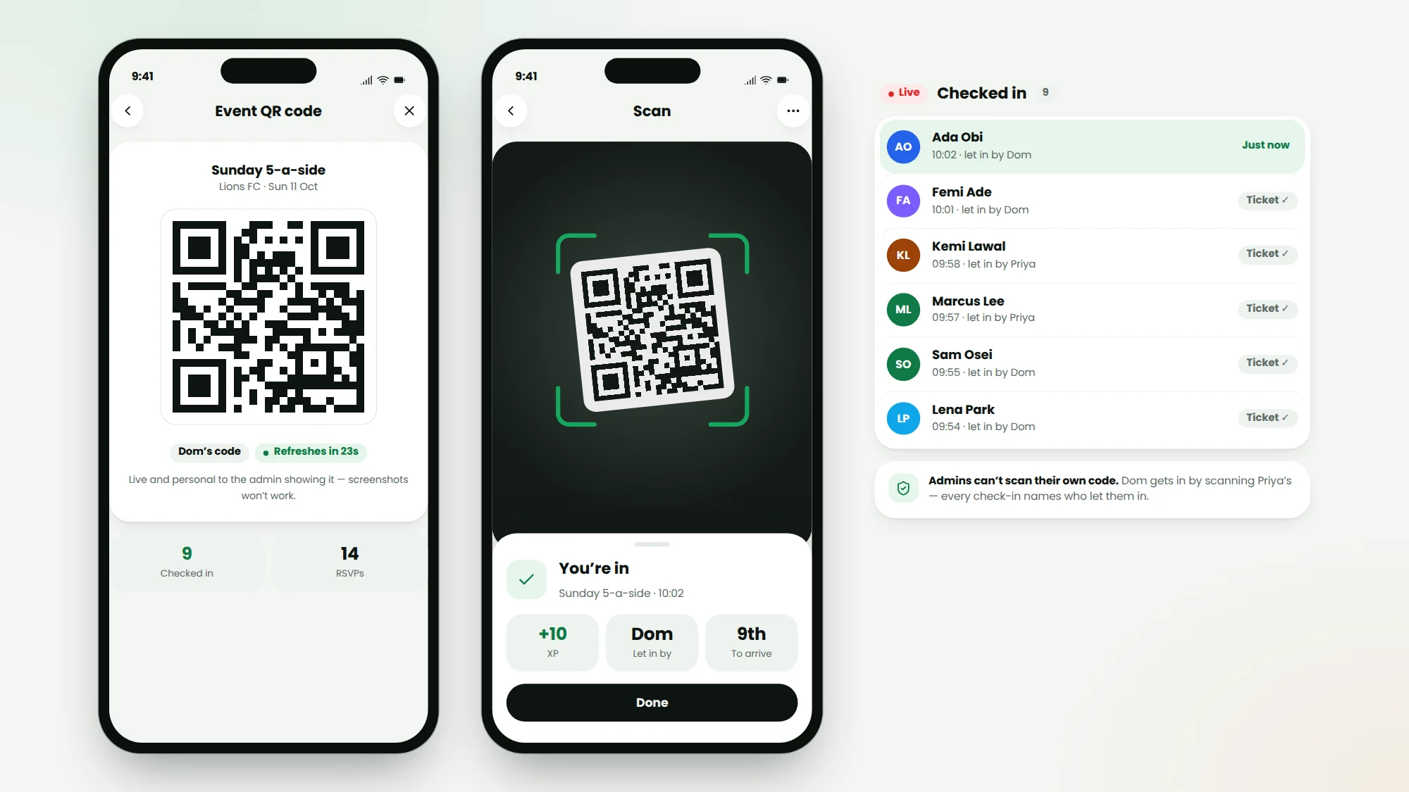 Organiser's phone showing the event QR, a player scanning it, and the check-in flashing on screen