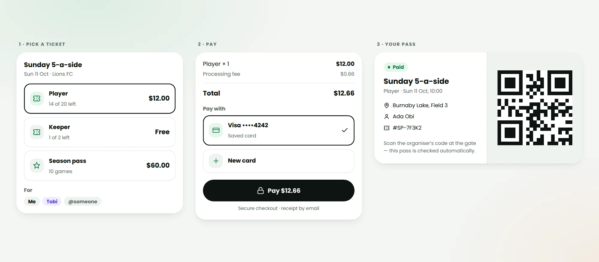 Ticket purchase flow ending in a QR pass