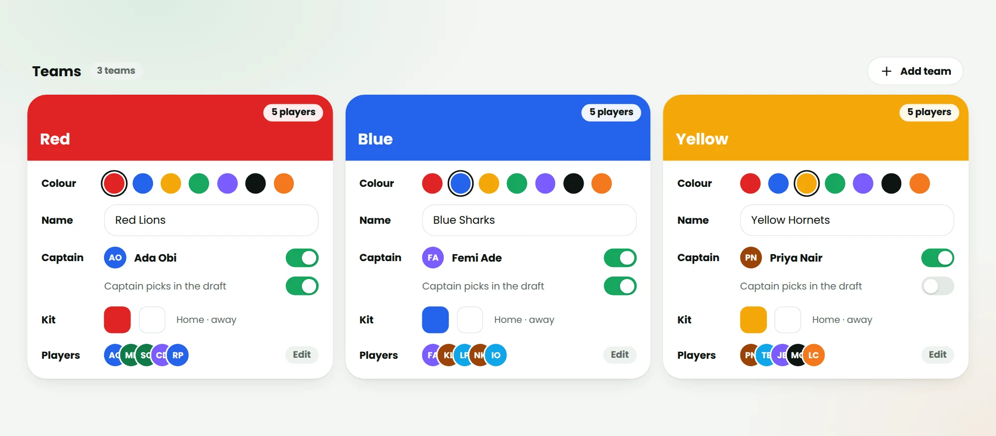 Team cards with color pickers and captain toggles