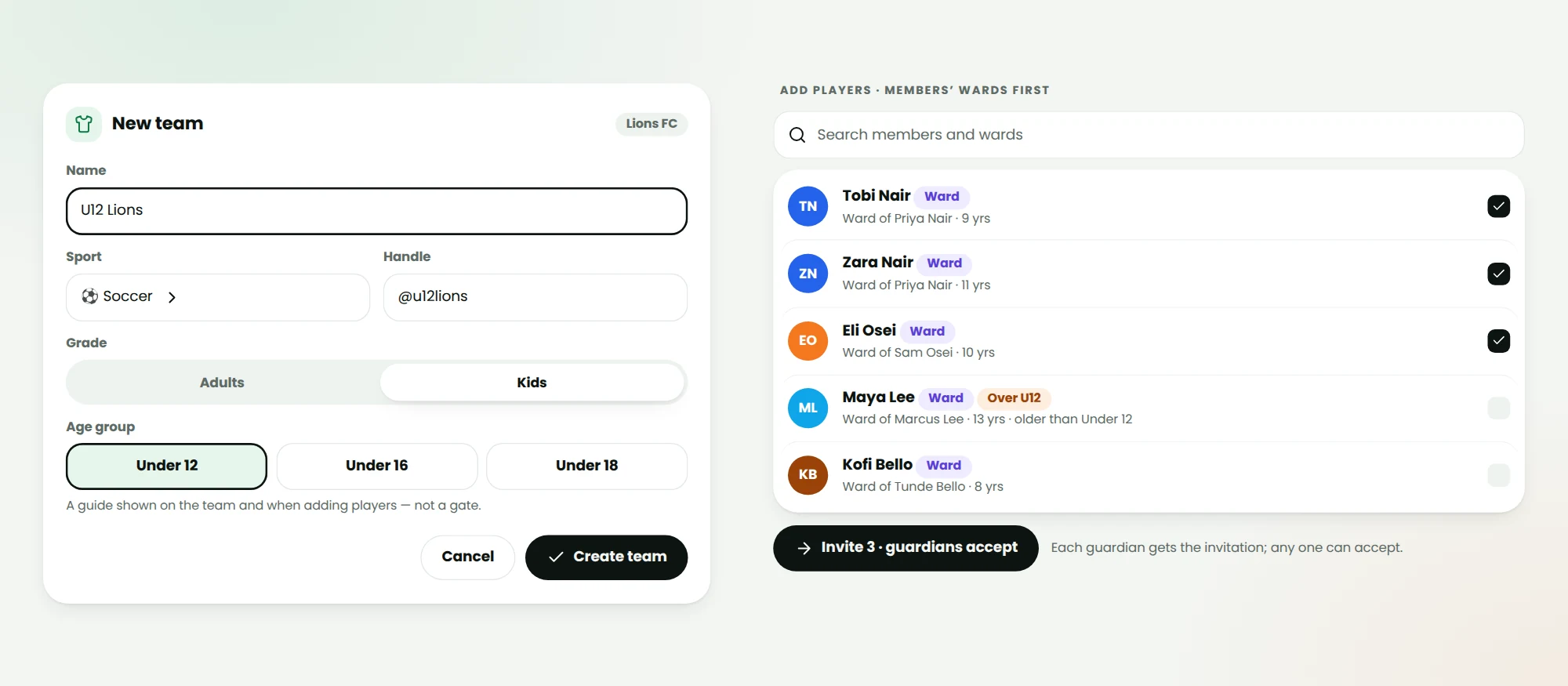 Create team: Grade = Kids, Age group = Under 12; invite picker showing ages